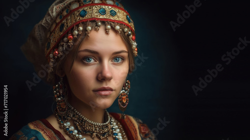 Portrait of a young beautiful blue-eyed slavic girl in traditional clothes on the dark background