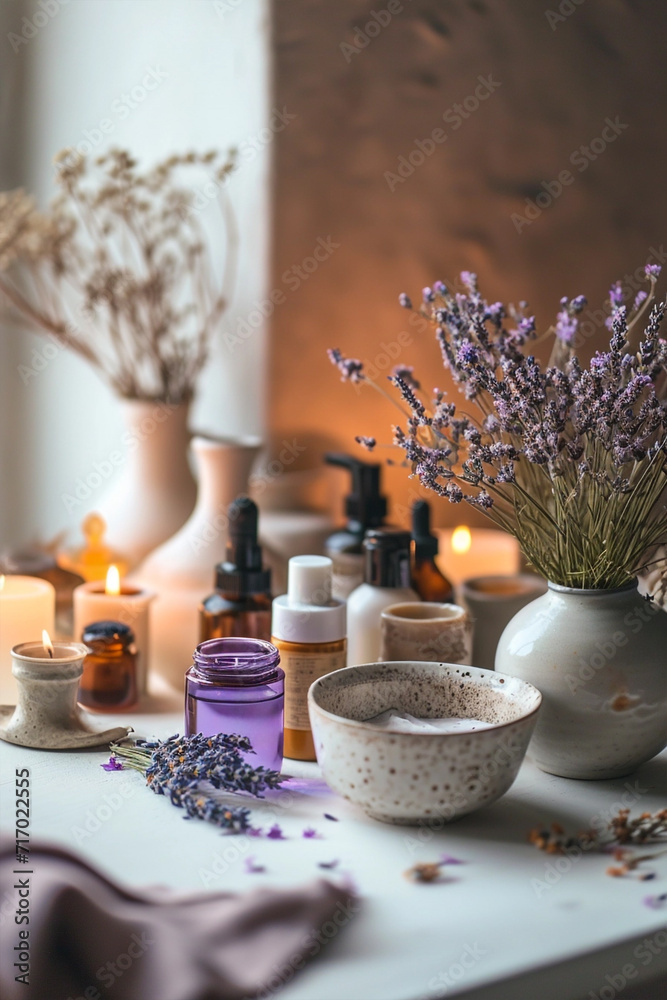 Spa products, soaps, salts and lit candle with lavender flowers Spa products, soaps, salts and lit candle with lavender flowers