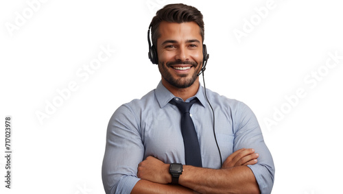 Portrait of a happy call center man arms crossed isolated on a transparent background for consulting. Smile, customer support or service career with a young employee on PNG for telemarketing photo