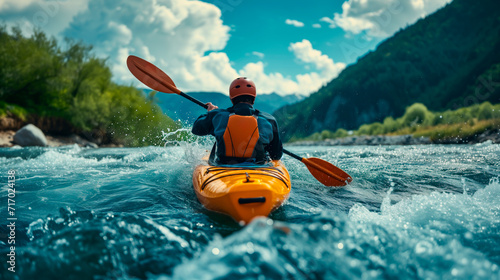 Adventurous kayaker navigating rapid river currents 