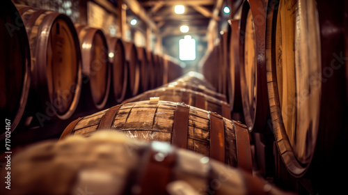 Vintage oak barrels in cellar, aging wine or whiskey in storeroom
 photo
