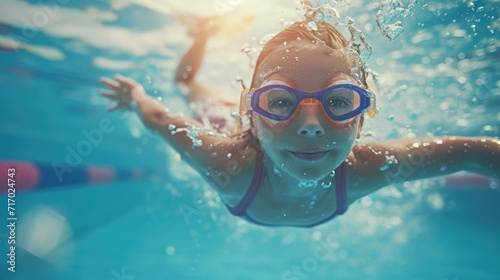 Little girl swimming freestyle in a swimming pool photo