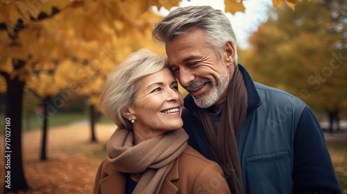 Smiling mature couple embraces during a delightful autumn stroll in the park.