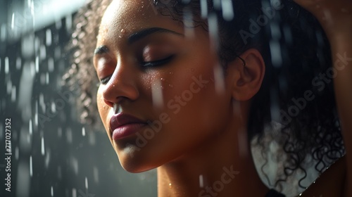  Black girl relaxing in the shower after workouts, close-up, sport, relax, cinematic, desire to win, AI.