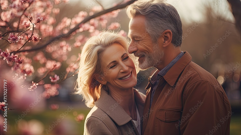 Embracing the future: A romantic mature couple shares happiness, strolling through a city park in spring.