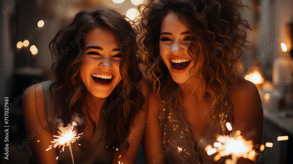 Young women enjoy the atmosphere at the celebration as they light sparklers