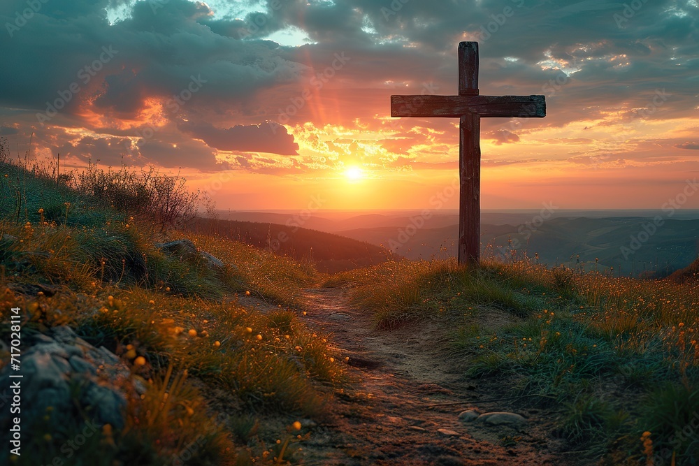 minimalistic design Christian cross on hill outdoors at sunrise. Resurrection of Jesus