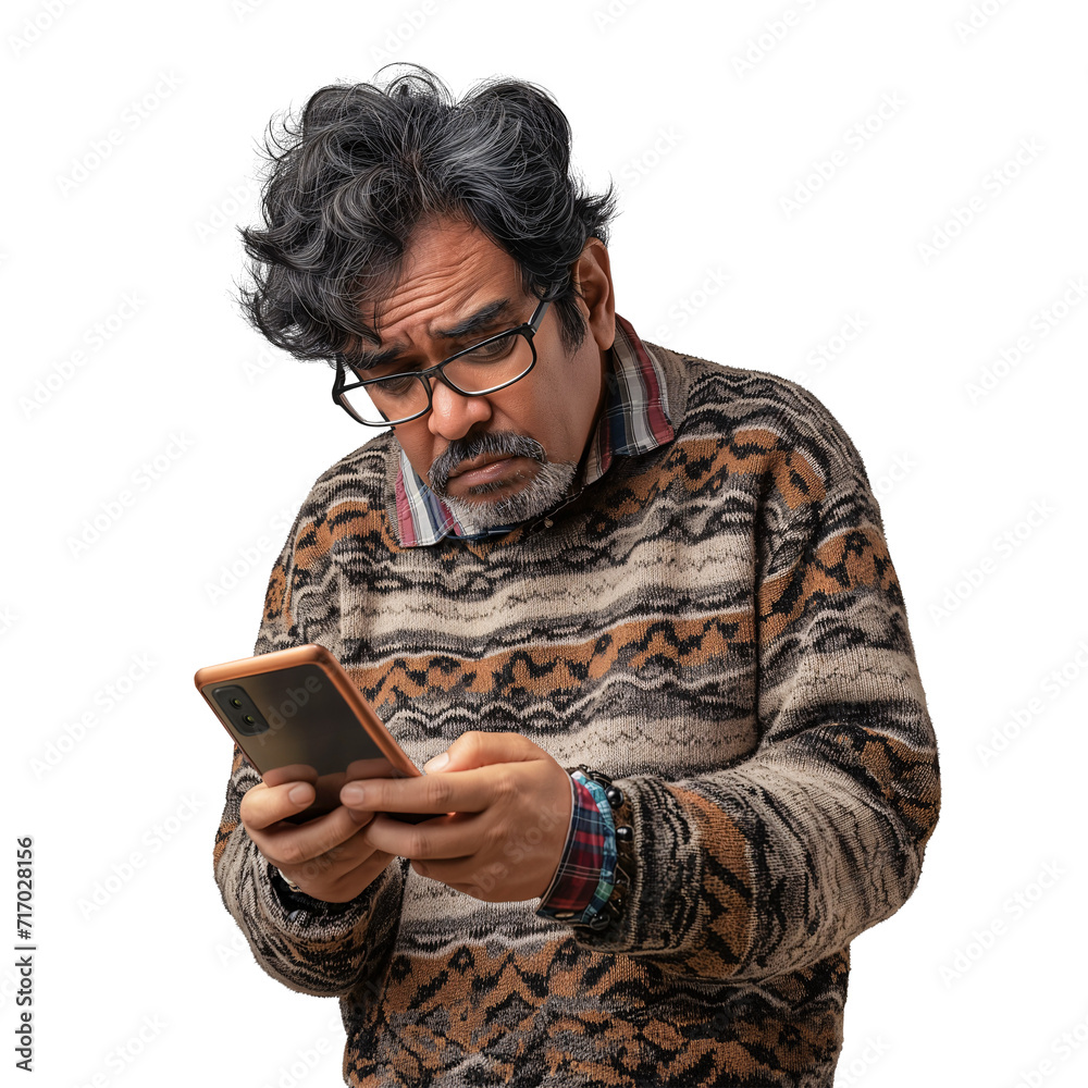 Old South Asian grandpa looking confused while holding a phone, isolated background