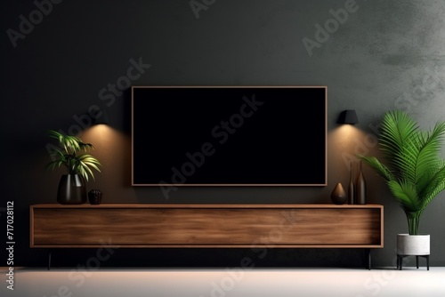 Cabinet TV in an empty interior room with a dark wall, wooden shelves, lamps, plants, and a wooden table in a minimal design