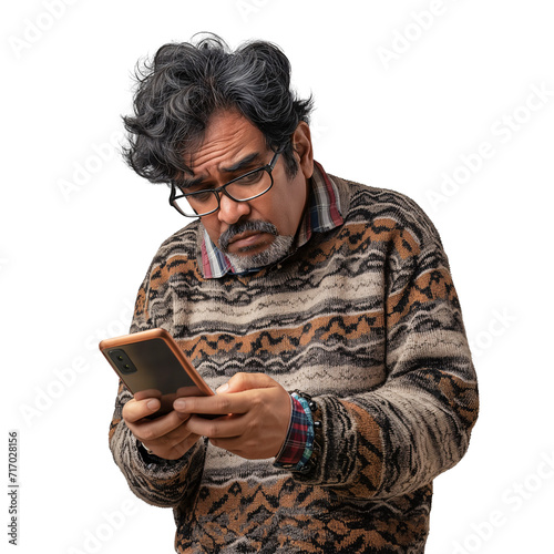 Obraz na płótnie Old South Asian grandpa looking confused while holding a phone, isolated background w salonie
