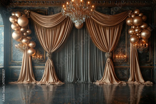 golden curtain birthday stage with baloons frames