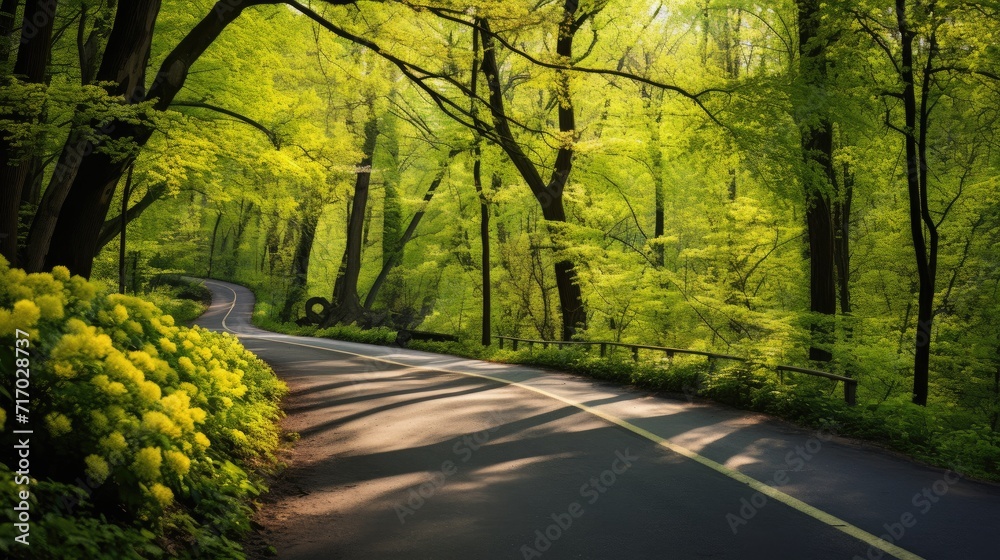 Obraz premium Wander in wonder: Navigate a road through the deep, vibrant spring forest.