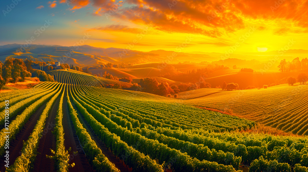 golden sunrise shines over a beautiful vineyard with neat rows of grapevines and rolling hills in the distance - obrazy, fototapety, plakaty 