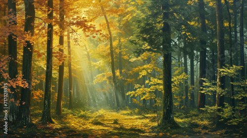 beautiful panorama landscape with sun and forest at sunrise. sun rays shine through trees. panoramic view.
