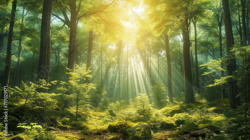beautiful panorama landscape with sun and forest at sunrise. sun rays shine through trees. panoramic view.