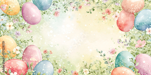 Watercolor illustration, top view, multi-colored Easter eggs in delicate, airy, pastel colors mixed with small flowers and leaves, light background, copy space in the center of the composition