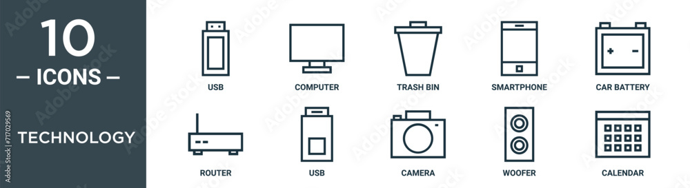 Tech Disposal Icon technology outline icon set includes thin line usb, computer, trash bin ...