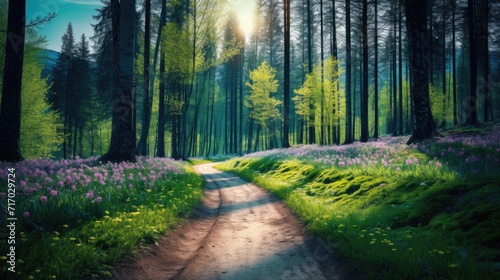 Wander in wonder  Navigate a road through the deep  vibrant spring forest.