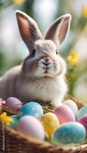 Easter bunny with colorful eggs in a basket, spring flowers in the background. Easter concept. © Tetlak