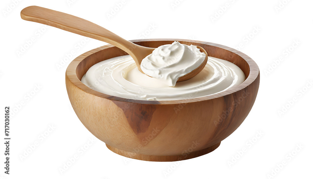 Greek yogurt in wooden bowl with spoon. isolated on transparent background. Greek yogurt in wooden bowl with spoon. isolated on transparent background.