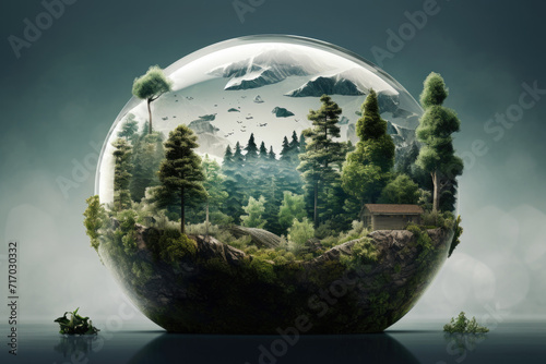 Eco city concept in glass sphere. Close up human hands holding planet earth with green city in it. © P