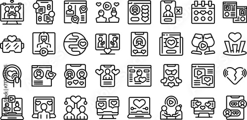Virtual date icons set outline vector. Relationship distance. Love blind