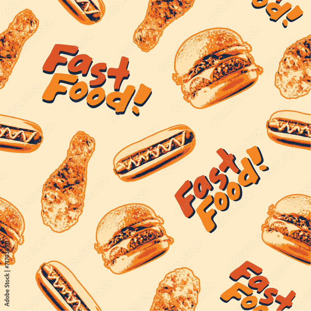 Fast food seamless pattern with vector of hamburger, fried chicken, hot dog, cheeseburger. Restaurant menu background, tasty unhealthy lunch.