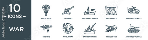 Foto war outline icon set includes thin line parachute, artillery, aircraft carrier,
