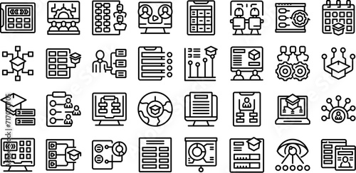 Classroom management software icons set outline vector. People school. Computer space