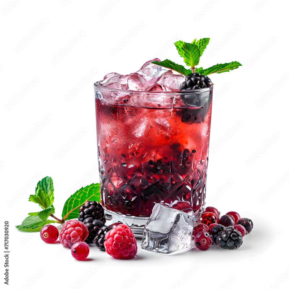 Glass of berry drink or cocktail with ice and mint isolated on white background Glass of berry drink or cocktail with ice and mint isolated on white background