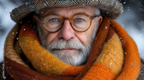 Portrait of a senior man wearing glasses and warm clothes in snow