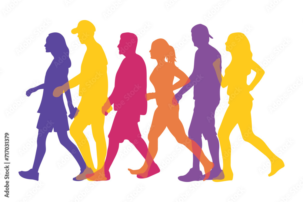 Walking marathon, people run, colorful poster. Vector illustration background silhouette