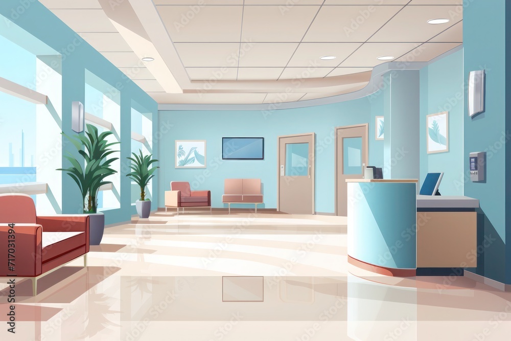 Hospital hallway. Empty waiting room in lobby with reception desk in ...
