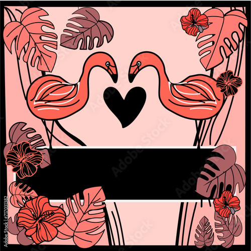 Two flamingo's in love with tropical flowers and leaves - coral version