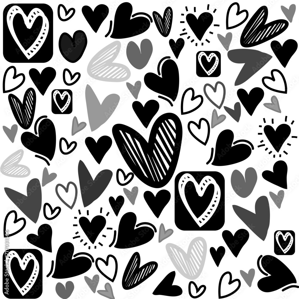 Black and white background of various hearts Black and white background of various hearts