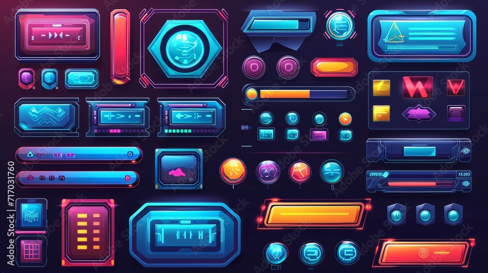 Game design interface with glossy buttons and panels. Vector cartoon set of ui elements different colors, circle buttons with icons, bars, sliders, arrows and login frame - obrazy, fototapety, plakaty 