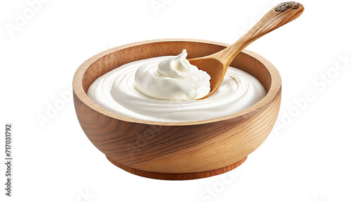 Greek yogurt in wooden bowl with spoon. isolated on transparent background.