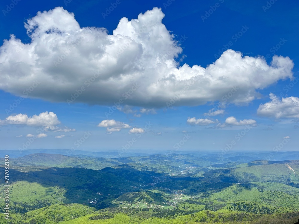 Picturesque landscape with clouds over the countryside, Babia Góra National Park (Babiogórski Park Narodowy)