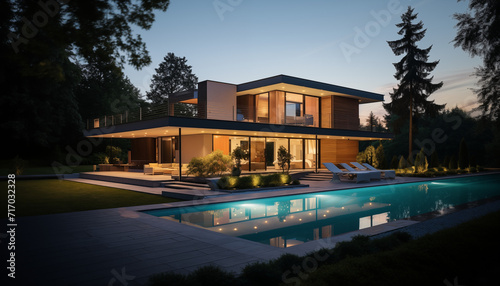 Casa moderna al tramonto con grande terrazza e piscina. photo
