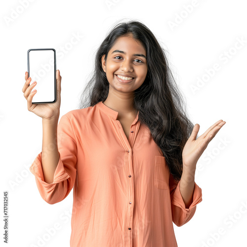 Obraz na płótnie Young South Asian student girl with curly hair holding a mobile phone screen, replaceable phone screen mockup w salonie