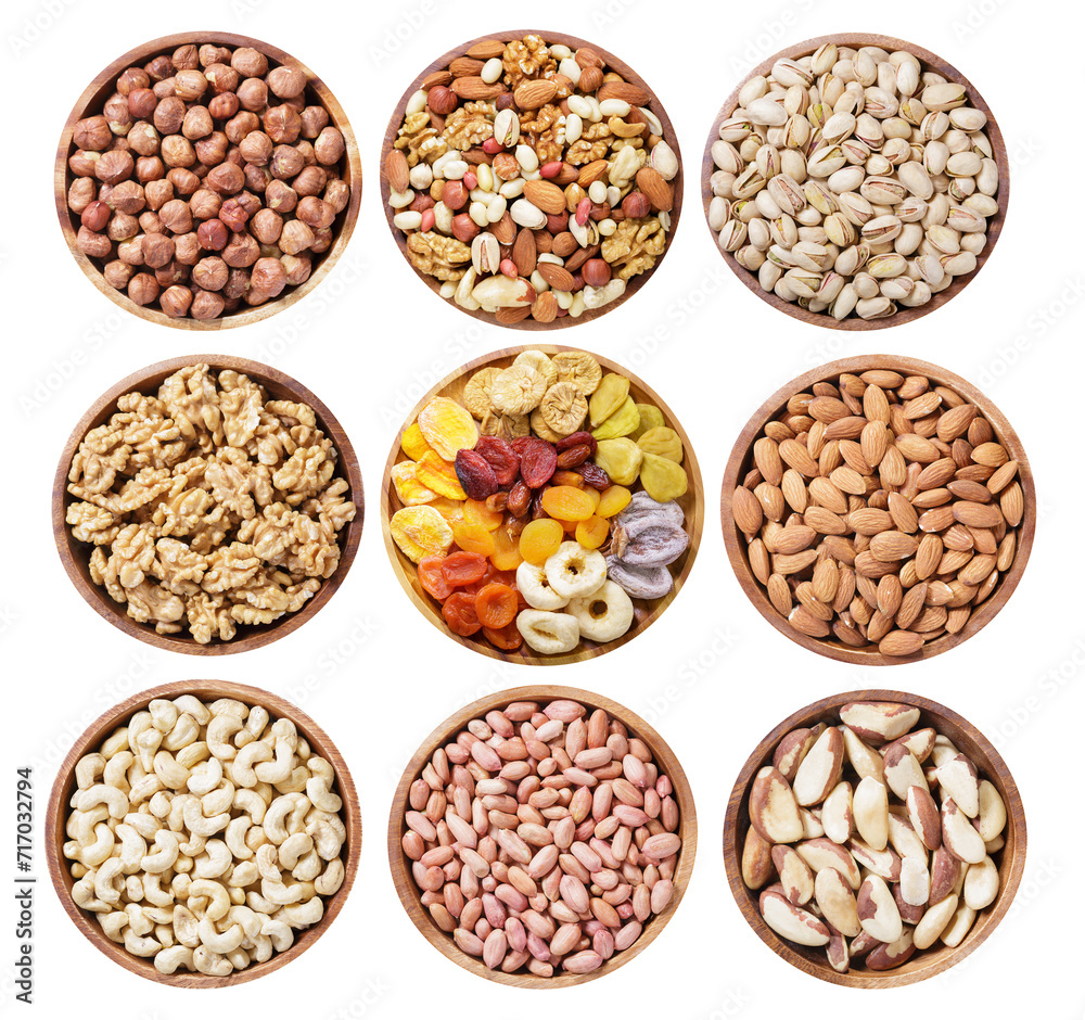 collection of bowls of dry fruits and nuts isolated on transparent background, top view collection of bowls of dry fruits and nuts isolated on transparent background, top view