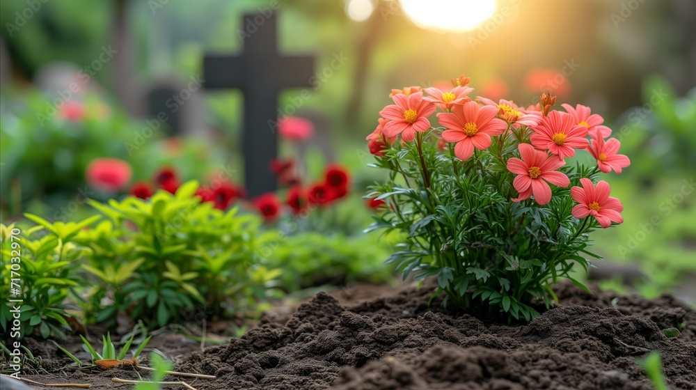 Serene cemetery scene with vibrant pink flowers and crosses