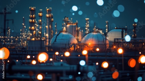 Gas storage sphere tanks and pipeline in oil and gas refinery industrial plant with glitter lighting industry estate at night