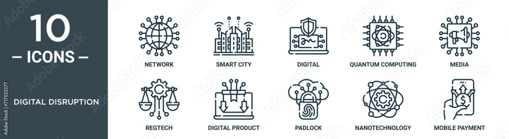 Vetor de digital disruption outline icon set includes thin line network ...