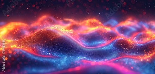 Vibrant, 3D neon wave, fluid and shimmering, set against a bright, holographic abstract backdrop. Realistic HD camera effect.