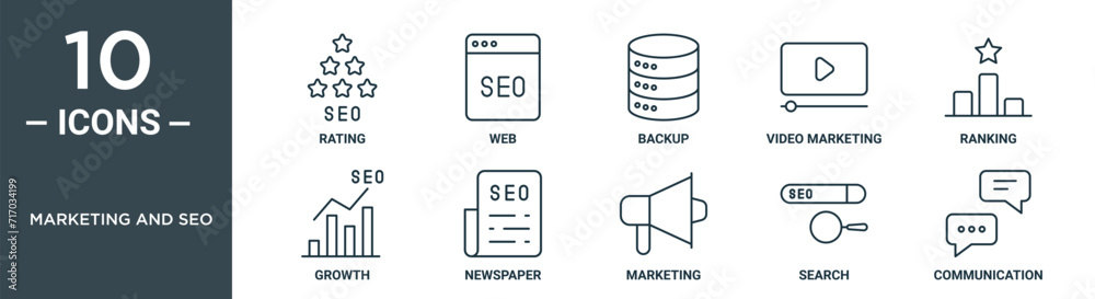 marketing and seo outline icon set includes thin line rating, web, backup, video marketing, ranking, growth, newspaper icons for report, presentation, diagram, web design - obrazy, fototapety, plakaty 