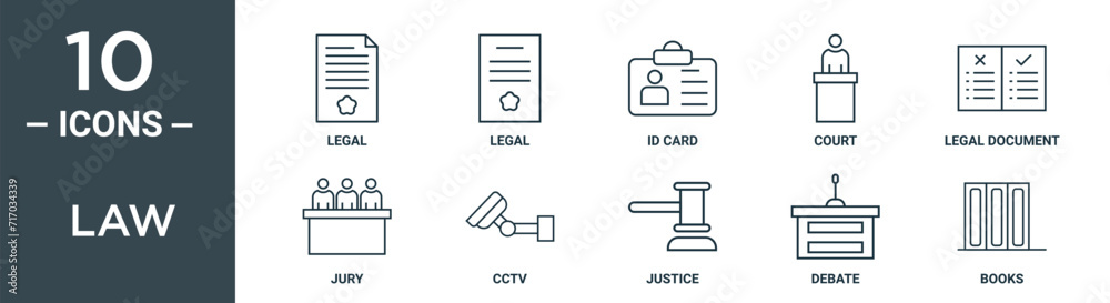 law outline icon set includes thin line legal, legal, id card, court ...
