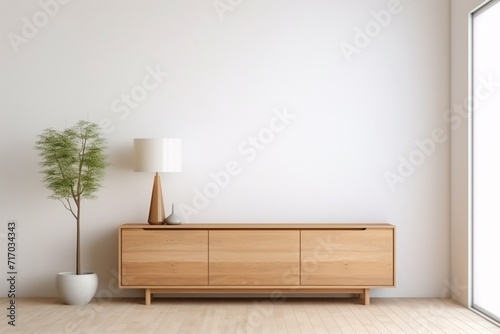 Cabinet with wooden accents in a modern living room, embracing the Japanese style against a white wall background © roy9