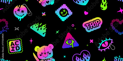 Y2k acid psychedelic style seamless pattern background. Neon tattoo stickers. Psychedelic trip elements. Hologrphic print fabric and textile design in 2000s. Isolated vector