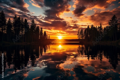 A natural lake landscape with tree  forest sunset reflection